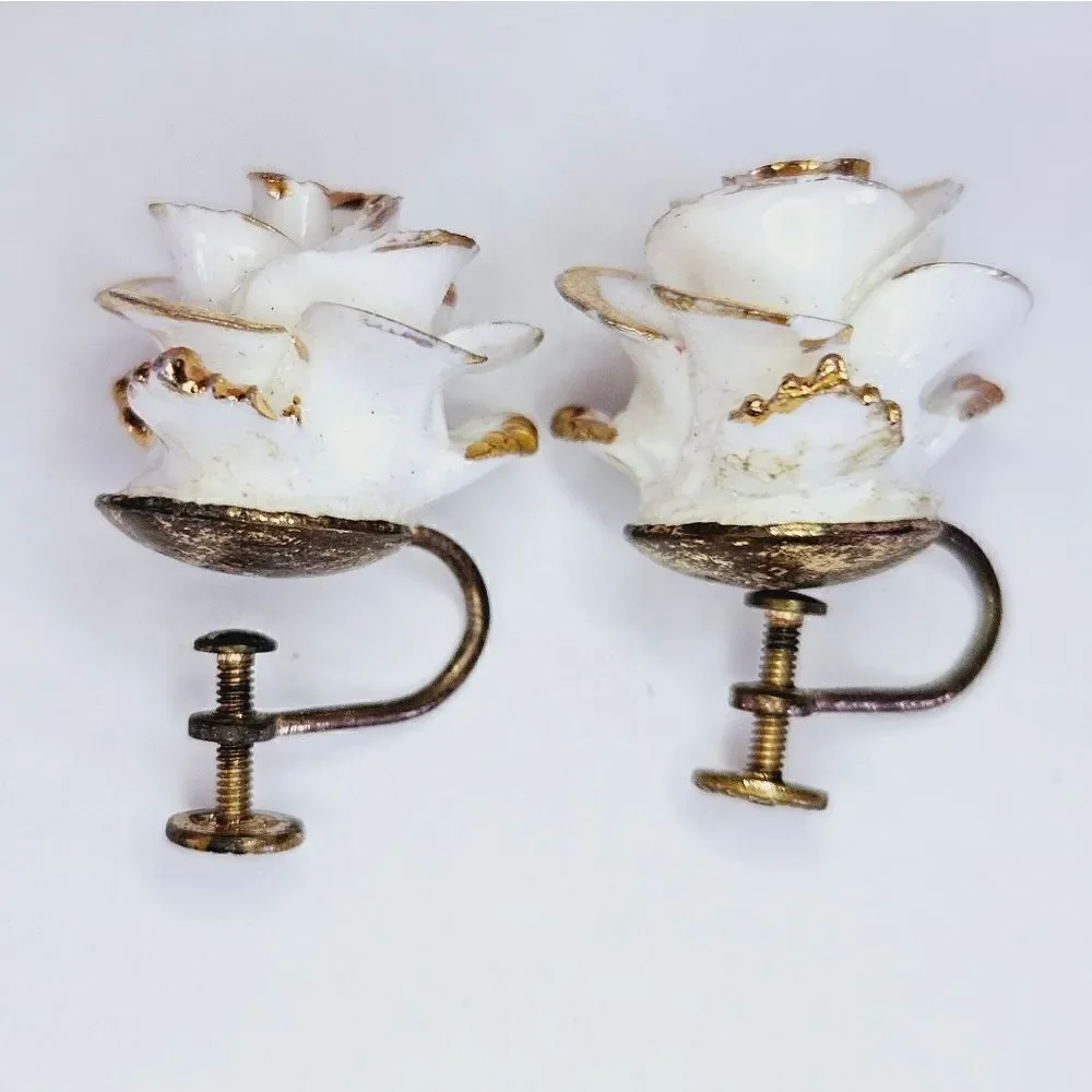Vintage Porcelain White Rose Gold Accented Screw Back Earrings Made In England